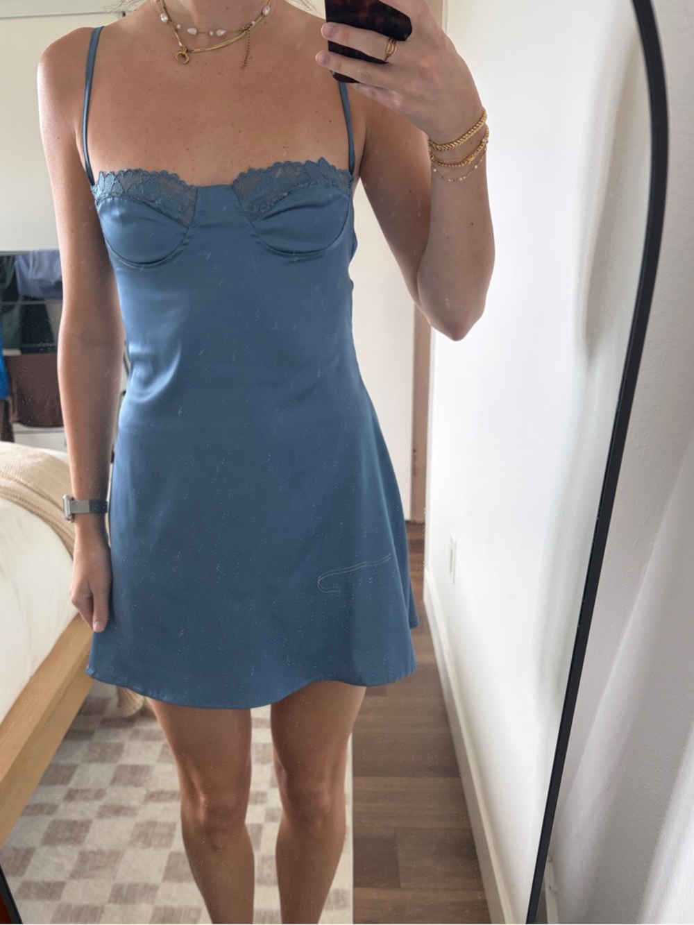 12th Tribe Dusty Blue Lace-Trim Slip Mini Dress